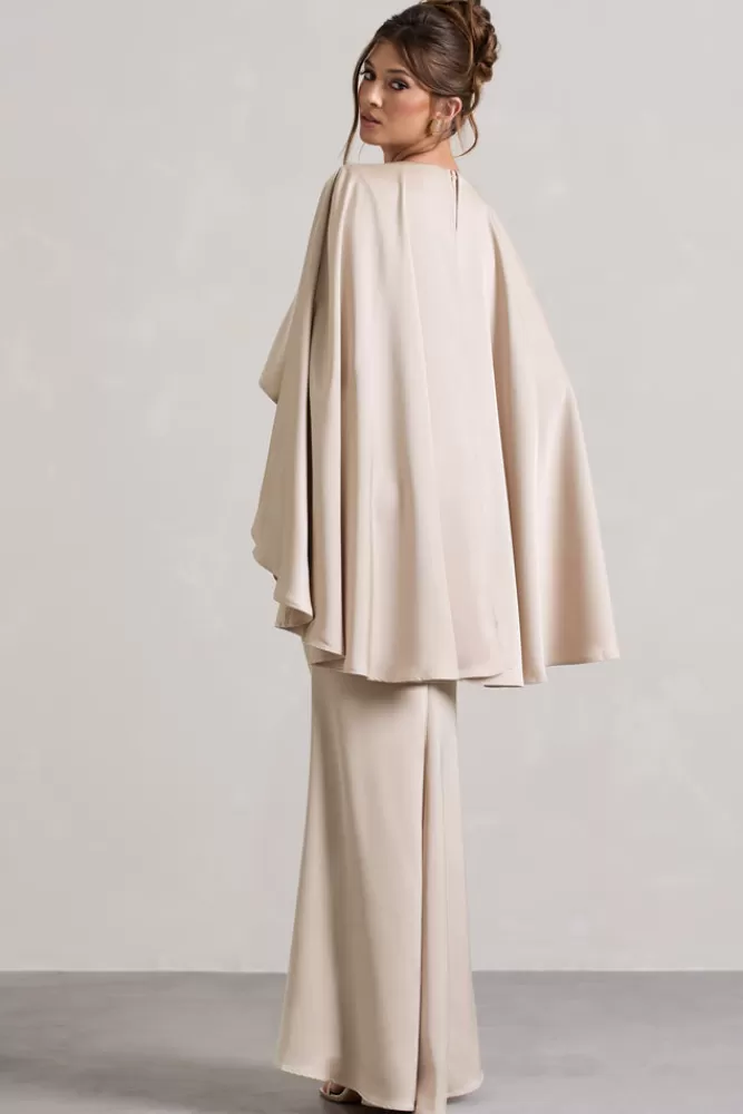 Club L London Yasie | Satin Plunge-Neck Maxi Dress With Cape Sleeves CHAMPAGNE Hot