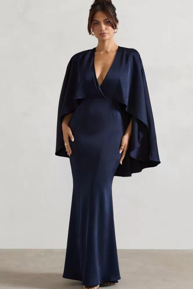 Club L London Yasie | Satin Plunge-Neck Maxi Dress With Cape Sleeves NAVY Hot