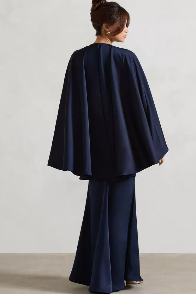 Club L London Yasie | Satin Plunge-Neck Maxi Dress With Cape Sleeves NAVY Hot