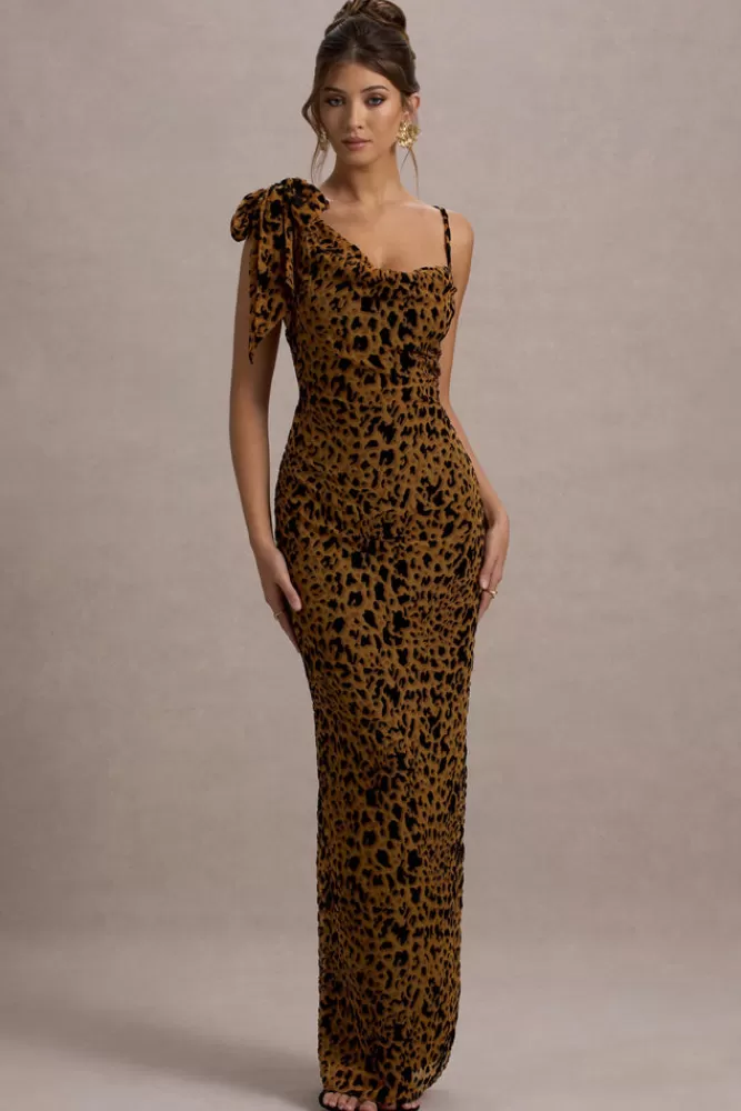 Club L London Yasmin | Print Velvet Strappy Maxi Dress With Bow LEOPARD New