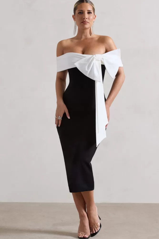 Club L London You Wish | Bodycon Bandeau Midi Dress With Oversized White Bow BLACK Best Sale