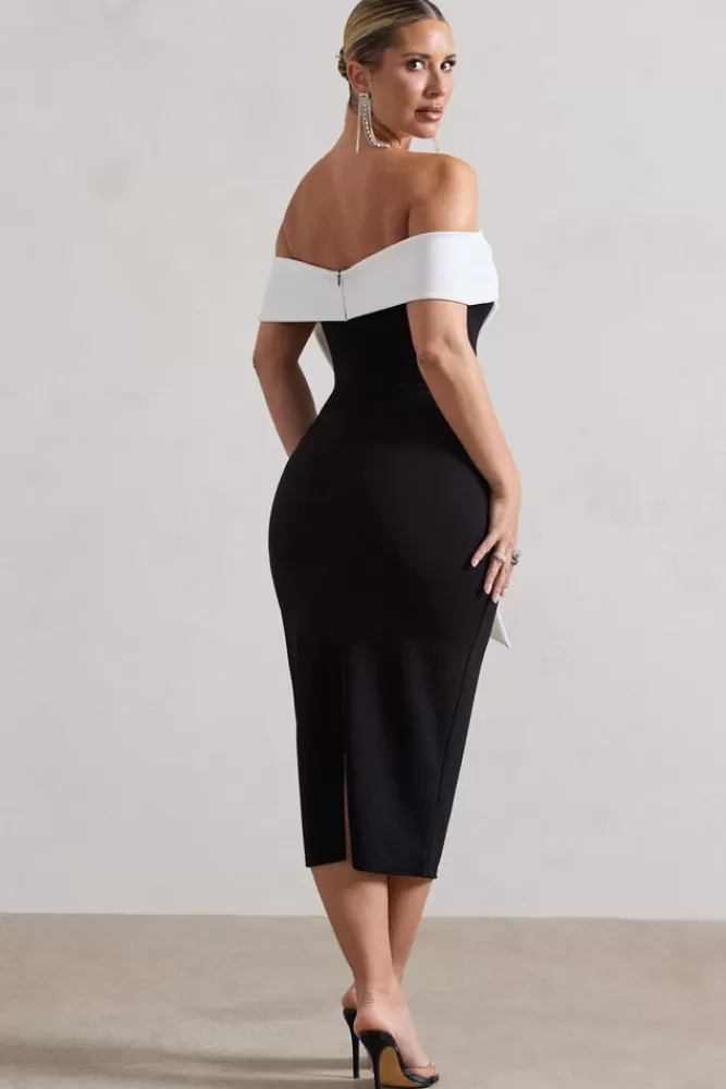 Club L London You Wish | Bodycon Bandeau Midi Dress With Oversized White Bow BLACK Best Sale