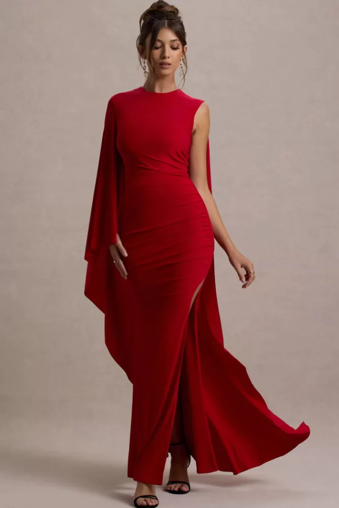 Club L London Yuna | Draped Maxi Dress With Cape RED Sale