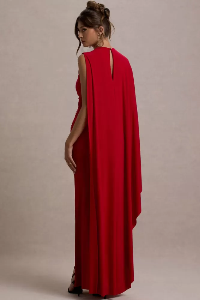 Club L London Yuna | Draped Maxi Dress With Cape RED Sale