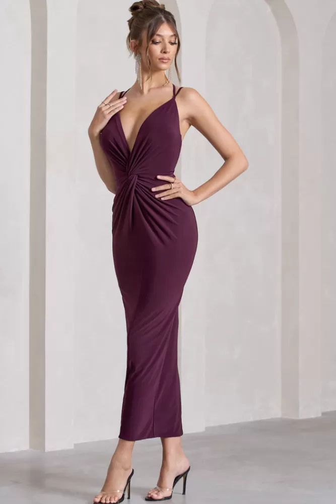 Club L London Yvette | Plum Plunge-Neck Twisted Maxi Dress With Cross-Back DARKCHERRY Sale