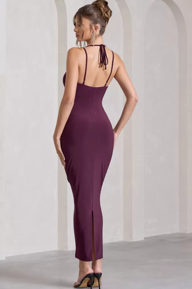 Club L London Yvette | Plum Plunge-Neck Twisted Maxi Dress With Cross-Back DARKCHERRY Sale