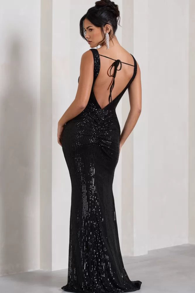 Club L London Yvonne | Sequin Open-Back Bodycon Maxi Dress BLACK Fashion