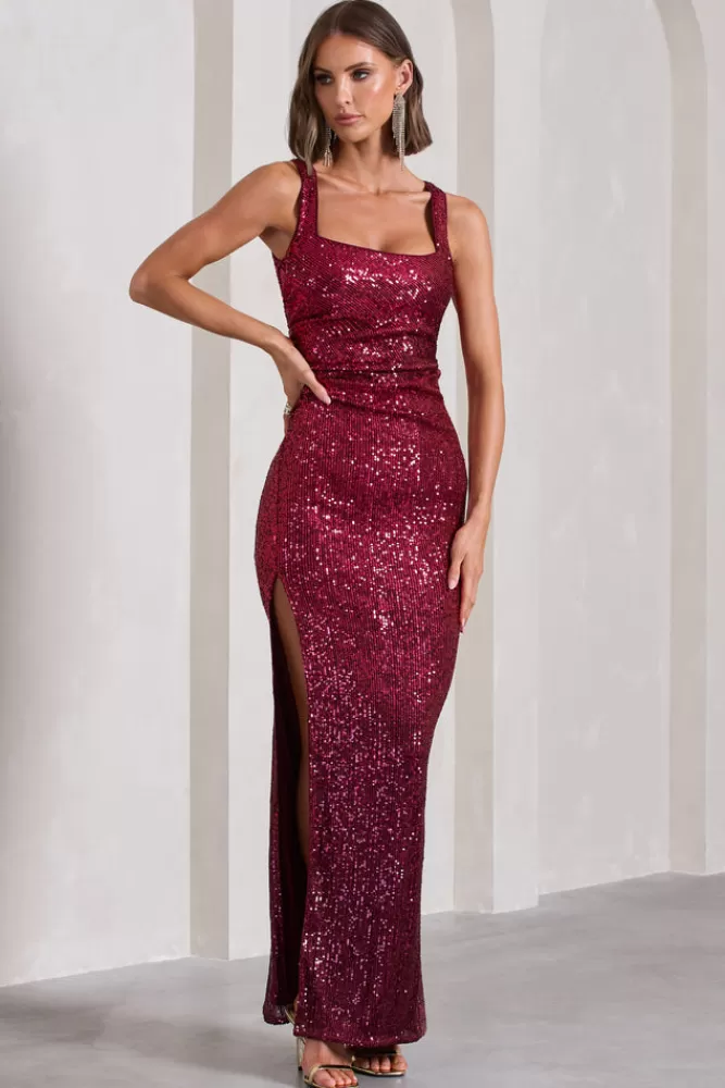 Club L London Yvonne | Plum Sequin Open-Back Bodycon Maxi Dress OMBREPLUM Online