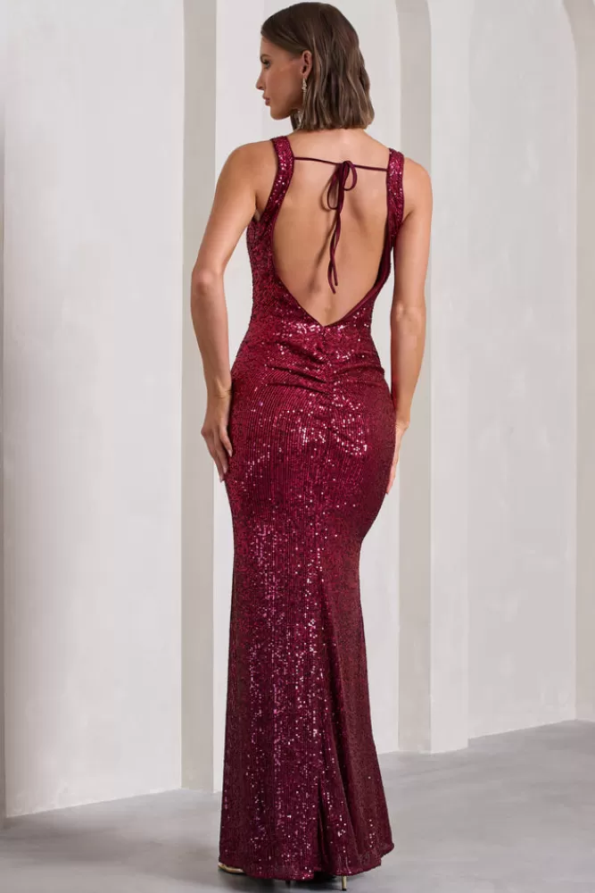 Club L London Yvonne | Plum Sequin Open-Back Bodycon Maxi Dress OMBREPLUM Online