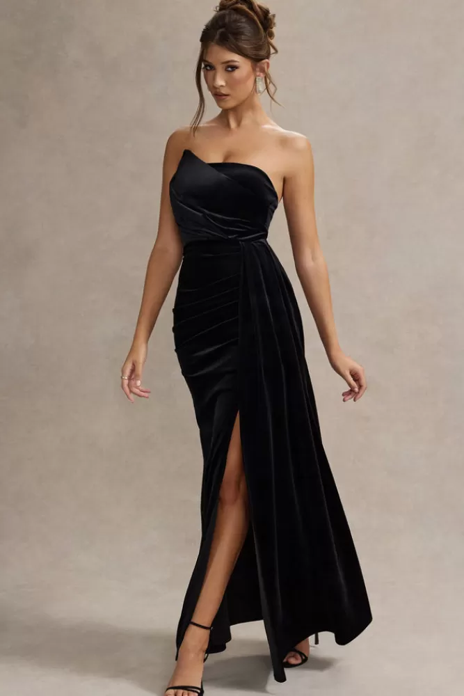 Club L London Zafira | Velvet Strapless Draped Maxi Dress BLACK Shop