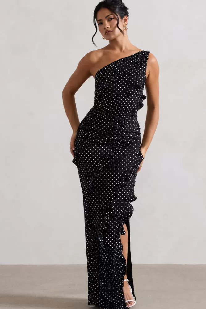 Club L London Zafra | Black Polka Dot Asymmetric Ruffle Maxi Dress POLKADOT New