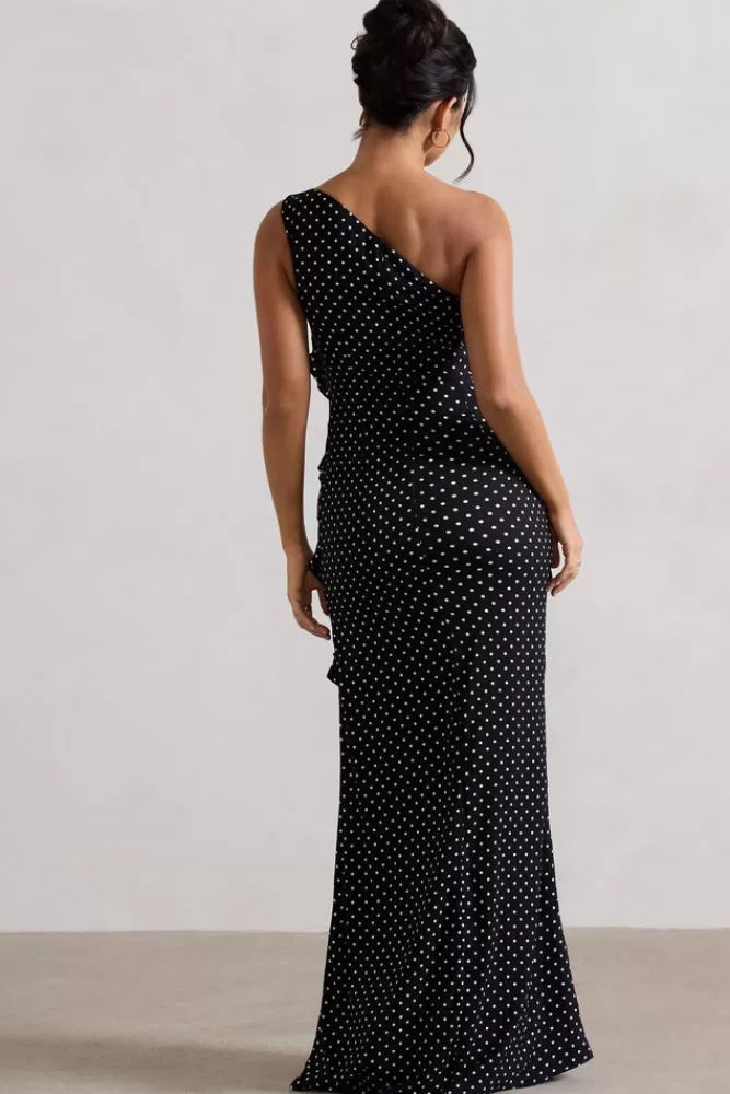 Club L London Zafra | Black Polka Dot Asymmetric Ruffle Maxi Dress POLKADOT New