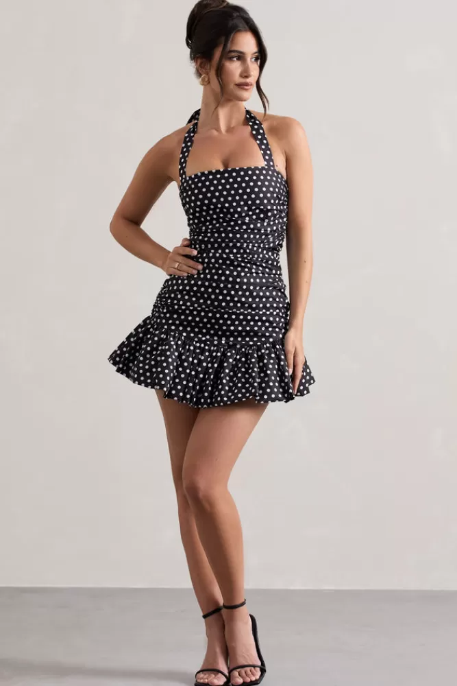 Club L London Zahra | Black u0026 White Polka Dot Halter-Neck Ruched Mini Dress With Ruffle Hem BLACKBASEPOLKADOT Flash Sale