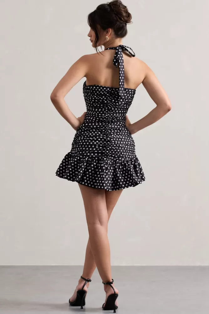 Club L London Zahra | Black u0026 White Polka Dot Halter-Neck Ruched Mini Dress With Ruffle Hem BLACKBASEPOLKADOT Flash Sale