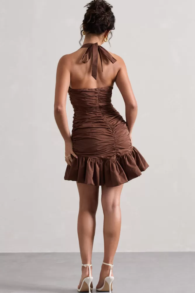 Club L London Zahra | Brown Halter-Neck Ruched Mini Dress With Ruffle Hem CHOCOLATE Clearance