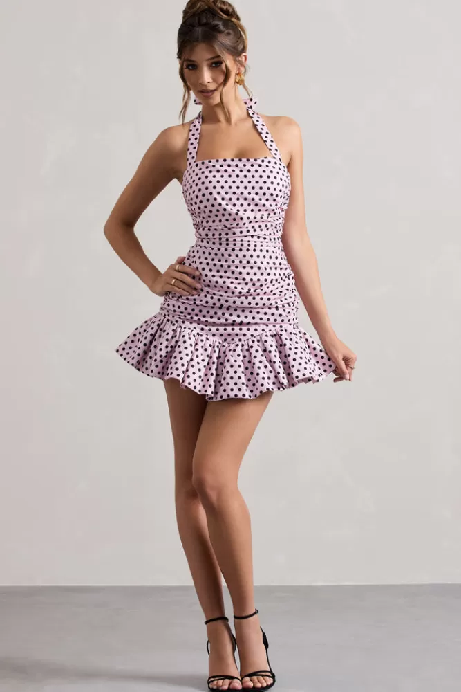 Club L London Zahra | Pink u0026 Black Polka Dot Halter-Neck Ruched Mini Dress With Ruffle Hem PINKPOLKA Online