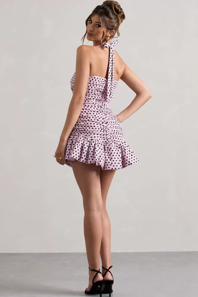 Club L London Zahra | Pink u0026 Black Polka Dot Halter-Neck Ruched Mini Dress With Ruffle Hem PINKPOLKA Online