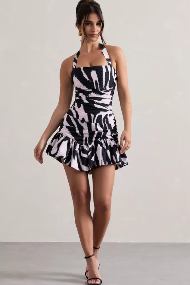 Club L London Zahra | Print Halter-Neck Ruched Mini Dress With Ruffle Hem ZEBRA Store