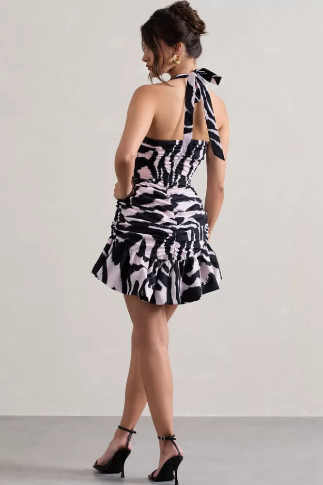 Club L London Zahra | Print Halter-Neck Ruched Mini Dress With Ruffle Hem ZEBRA Store