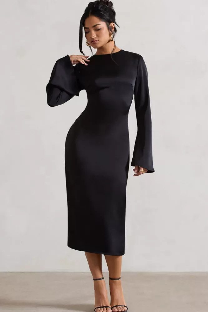 Club L London Zaina | Long Sleeve Midi Dress with High Neckline BLACK Cheap