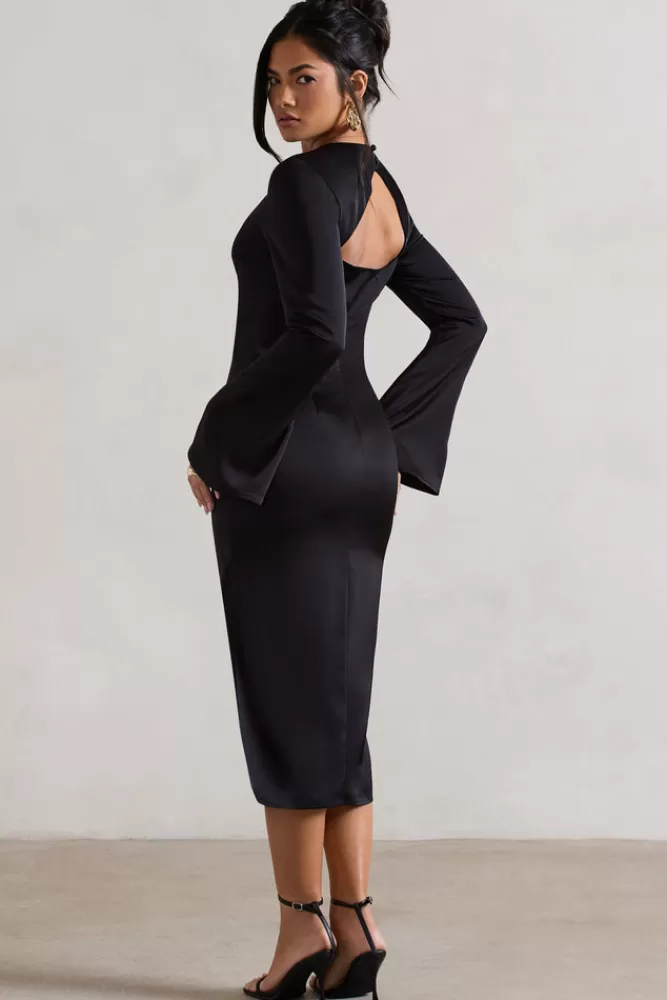 Club L London Zaina | Long Sleeve Midi Dress with High Neckline BLACK Cheap