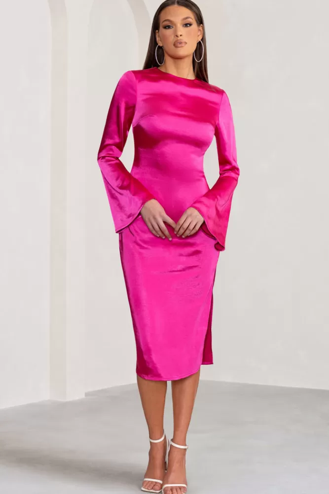 Club L London Zaina | Hot Pink Long Sleeve Midi Dress with High Neckline HOTPINK Flash Sale