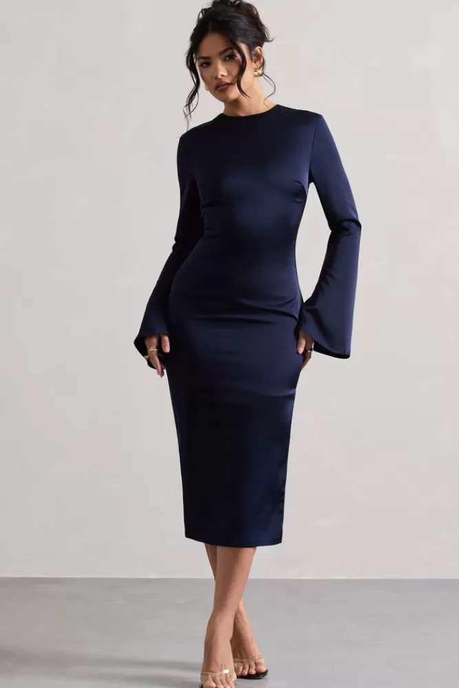 Club L London Zaina | Long Sleeve Midi Dress with High Neckline NAVY Hot