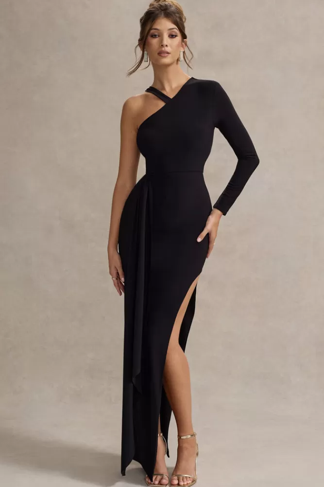 Club L London Zhuri | Asymmetric One-Sleeve Draped Maxi Dress BLACK Best