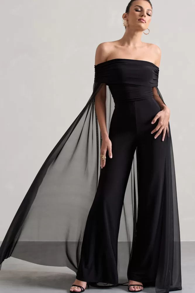 Club L London Zita | Bardot Jumpsuit With Chiffon Cape BLACK Cheap