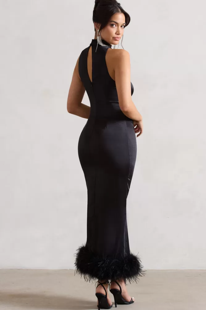 Club L London Zoe | Satin Twist Split Maxi Dress With Feather Trim BLACK New