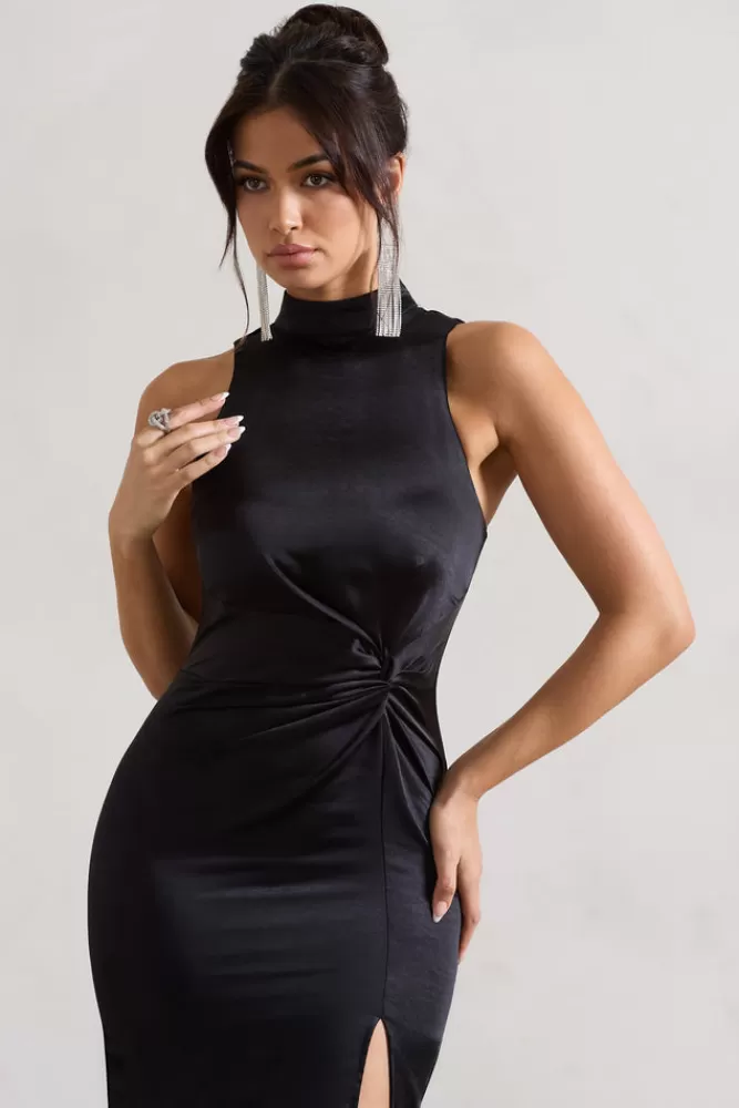 Club L London Zoe | Satin Twist Split Maxi Dress With Feather Trim BLACK New
