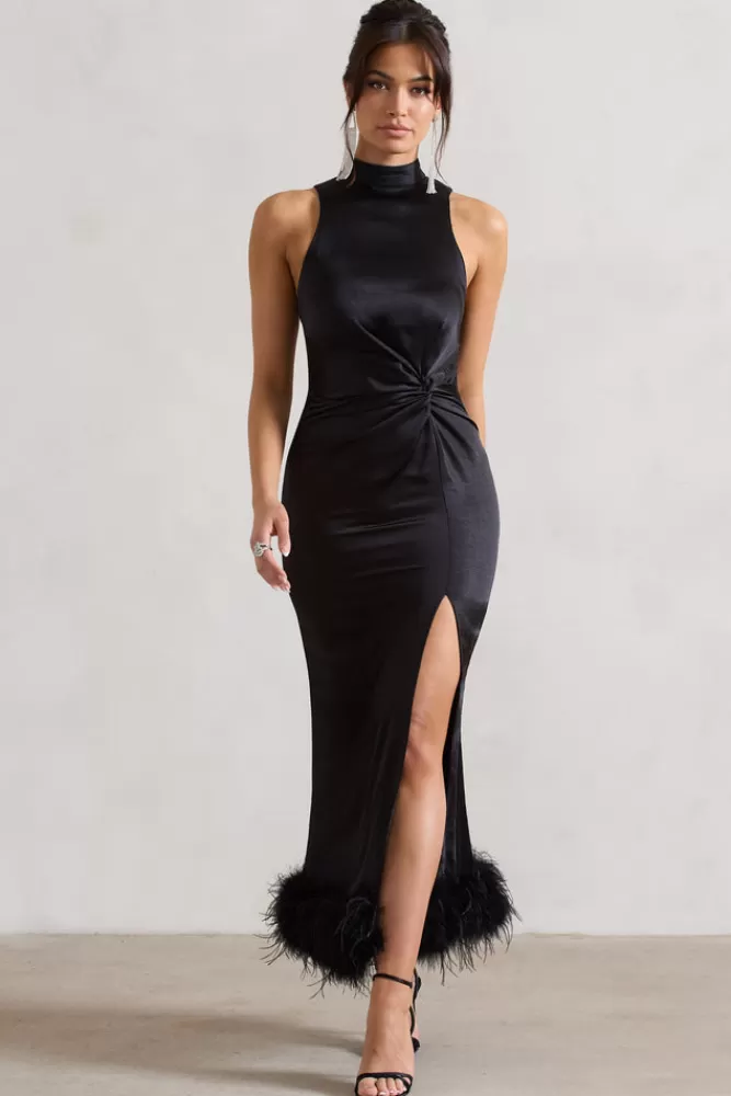 Club L London Zoe | Satin Twist Split Maxi Dress With Feather Trim BLACK New
