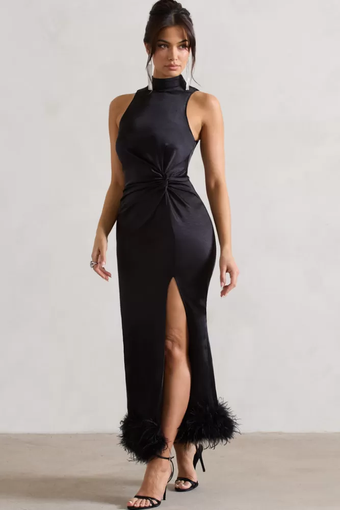 Club L London Zoe | Satin Twist Split Maxi Dress With Feather Trim BLACK New