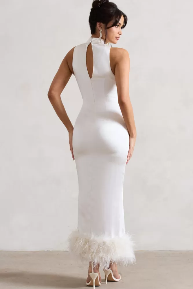 Club L London Zoe | Satin Twist Split Maxi Dress With Feather Trim CREAM Cheap
