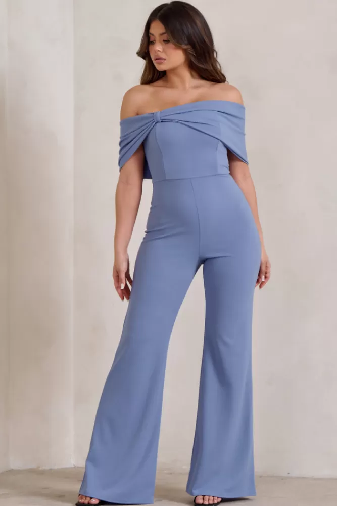 Club L London Zoey | Blue Bardot Bow Detail Jumpsuit ICEBLUE New