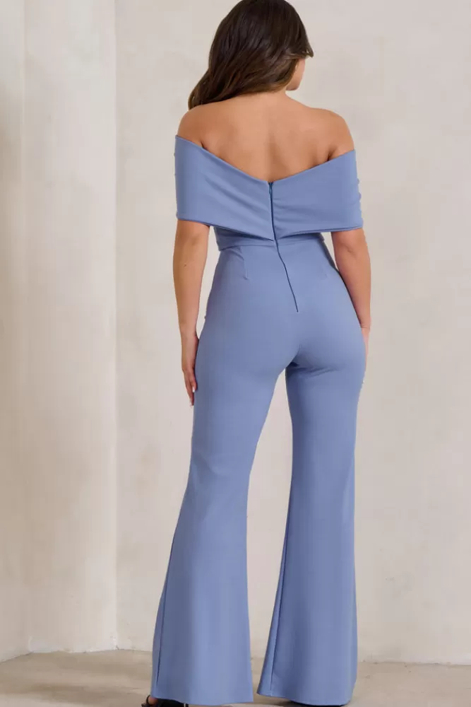 Club L London Zoey | Blue Bardot Bow Detail Jumpsuit ICEBLUE New