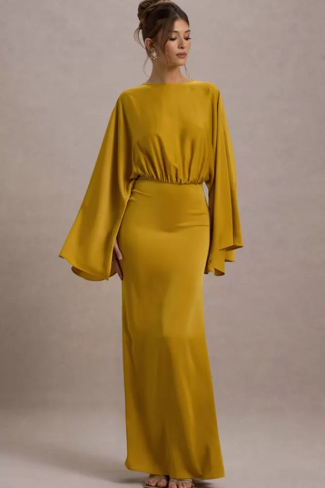 Club L London Zuzanna | Mustard Draped Maxi Dress With Cape Sleeves OCHRE Best