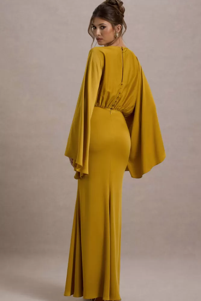 Club L London Zuzanna | Mustard Draped Maxi Dress With Cape Sleeves OCHRE Best