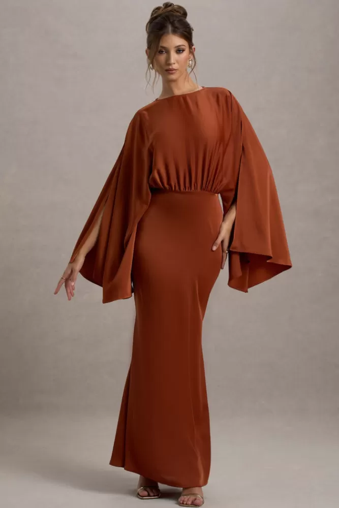 Club L London Zuzanna | Draped Maxi Dress With Cape Sleeves RUST Cheap