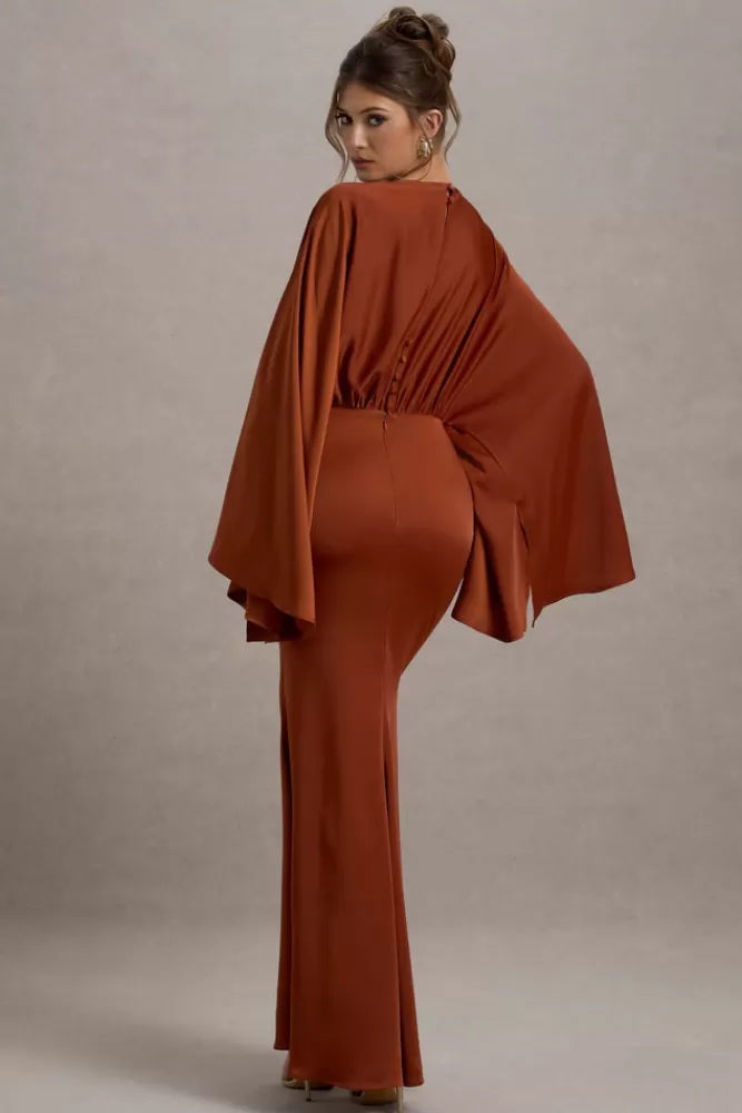 Club L London Zuzanna | Draped Maxi Dress With Cape Sleeves RUST Cheap